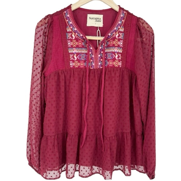 NWT Savanna Jane‎ Red embroidered Peasant Blouse Sheer Sleeves - Picture 1 of 12